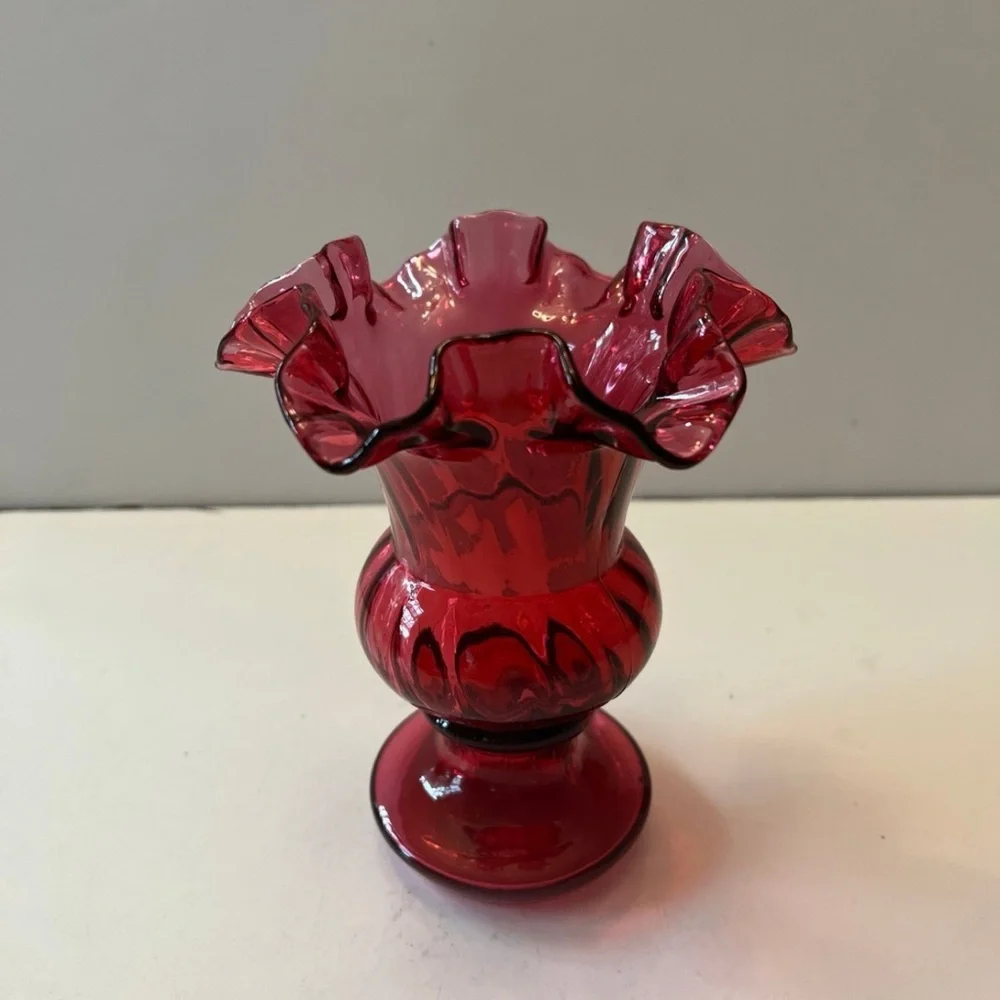 Vintage Fenton Cranberry Pink Ruffled Footed Vase